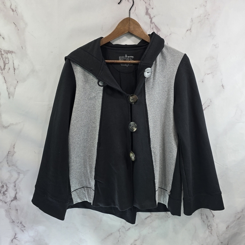 Neon Buddha Jacket Women Small Black Gray Artsy Art To Wear Buttons Hooded